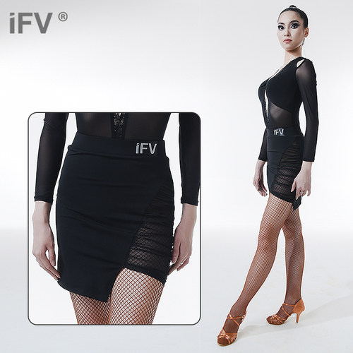 IFV伊芙唯拉丁舞短裙新款演出服成人黑色艺考舞蹈U型网纱半裙2025