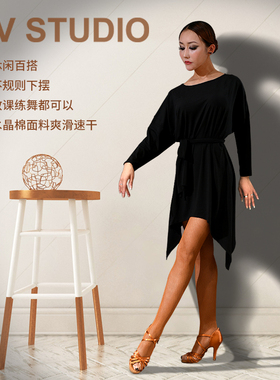 IFV拉丁舞服成人女黑色长袖练功服连衣裙显瘦蝙蝠袖束腰大摆裙