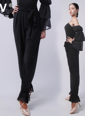 IFV新款拉丁舞蹈练功服松紧腰蕾丝花边摩登成人舞蹈长裤修身显瘦