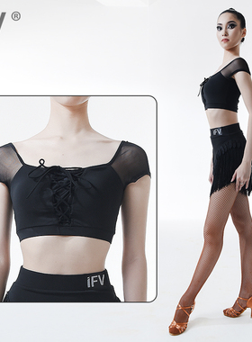 短袖拉丁舞服IFV性感美艳黑色女成人交叉丝带上衣练功服艺考1030