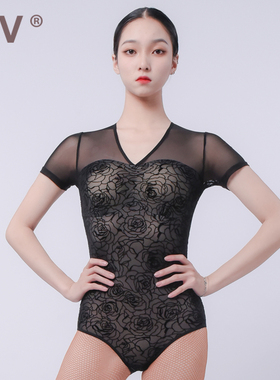 暗纹蕾丝拉丁舞蹈服IFV女士上衣春夏新款花纹摩登舞蹈练功服连体