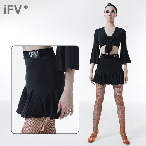 舞裙IFV拉丁新款成人半身裙插角丝绒表演服大摆边艺考练功服2024