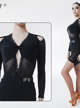 网纱长袖黑色练功服IFV伊芙唯女成人1022上衣连体衣艺考拉丁舞服
