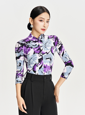 IFV拉丁舞摩登舞上装女V领长袖印花系带衬衫专业舞蹈服装1047