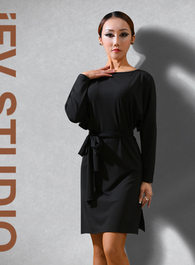 蝙蝠拉丁舞服IFV成人女黑色连衣裙束腰开叉袖显高显瘦长袖练功服