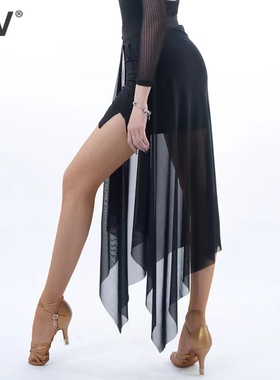 夏季拉丁舞裙IFV新款半身女成人舞蹈演出练功服装网纱裙轻薄包臀