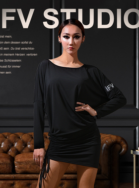 蝙蝠袖拉丁舞服长袖IFV连衣裙宽松抽绳可调裙长成人女3011练功服