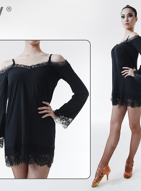 蕾丝连衣裙黑色吊带裙IFV伊芙唯女下摆3018艺考新款拉丁舞练功裙