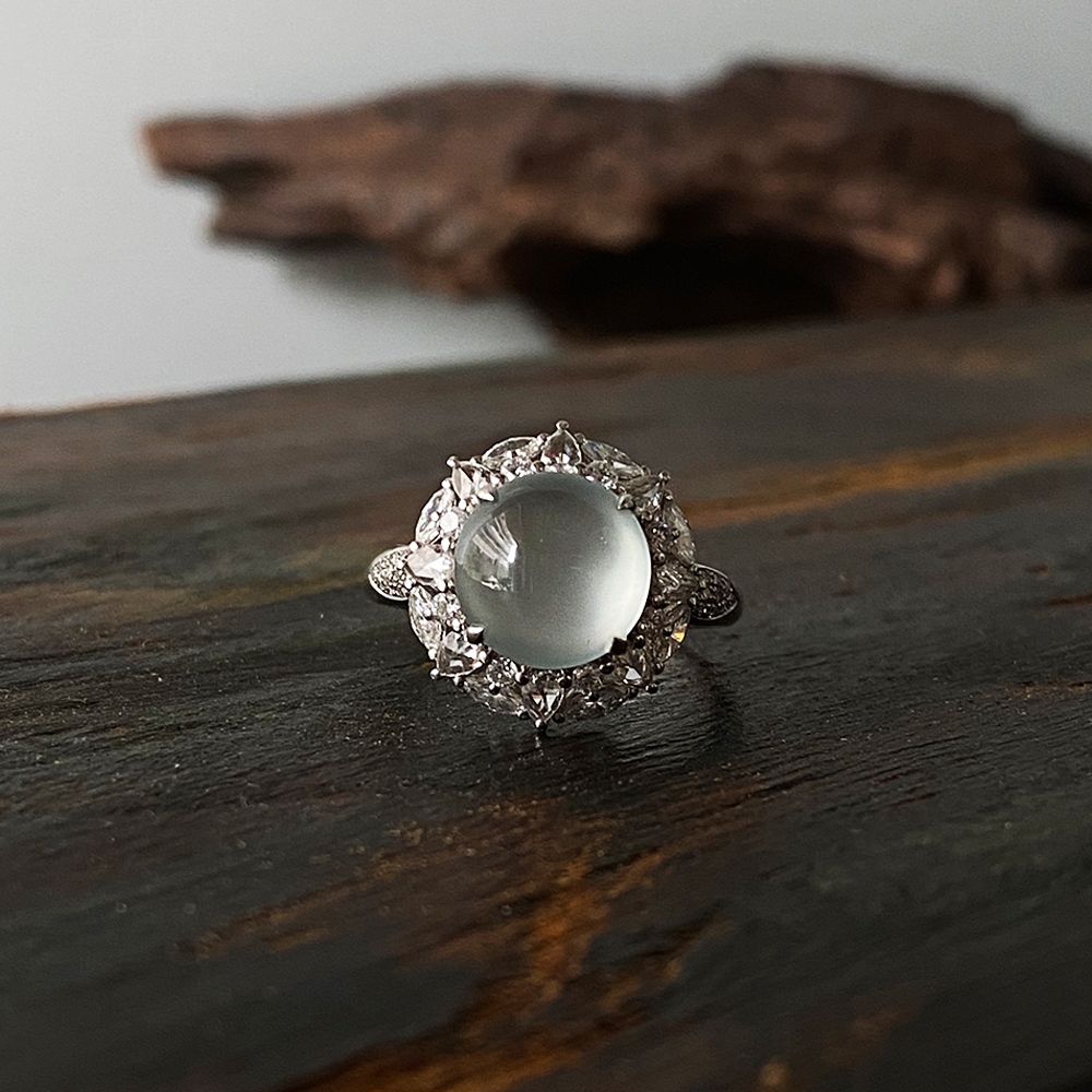 【闪耀太阳花】新品现货玻璃种翡翠A货大白蛋面高级珠宝款女戒指