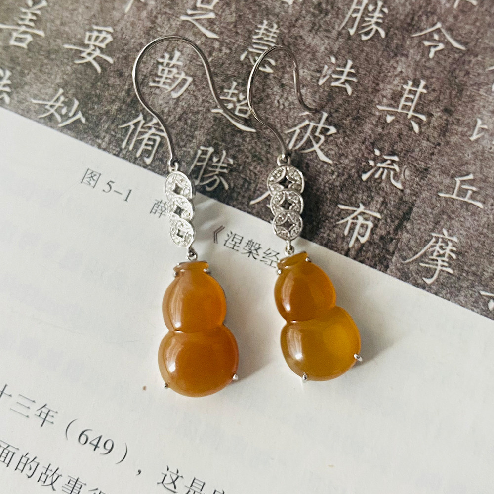 【福禄招财】杜工天然翡翠A货稀少玛瑙底的黄翡葫芦耳环珠宝耳勾