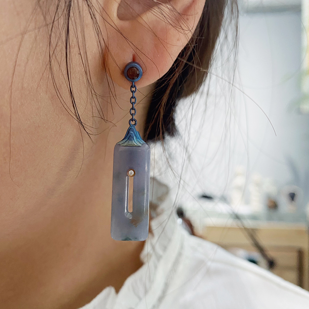 杜工原创新中式千里江山翡翠耳钉 蓝紫缅甸A货小众显白高级耳环女