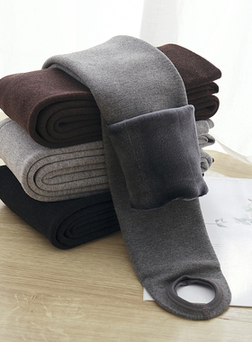 加绒打底裤女秋冬外穿加厚踩脚薄绒健美裤灰色高腰脚蹬保暖裤棉裤