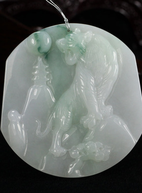 正品A货天然翡翠玉浅绿飘蓝花 猛虎下山兽中之王生肖虎挂件带证书