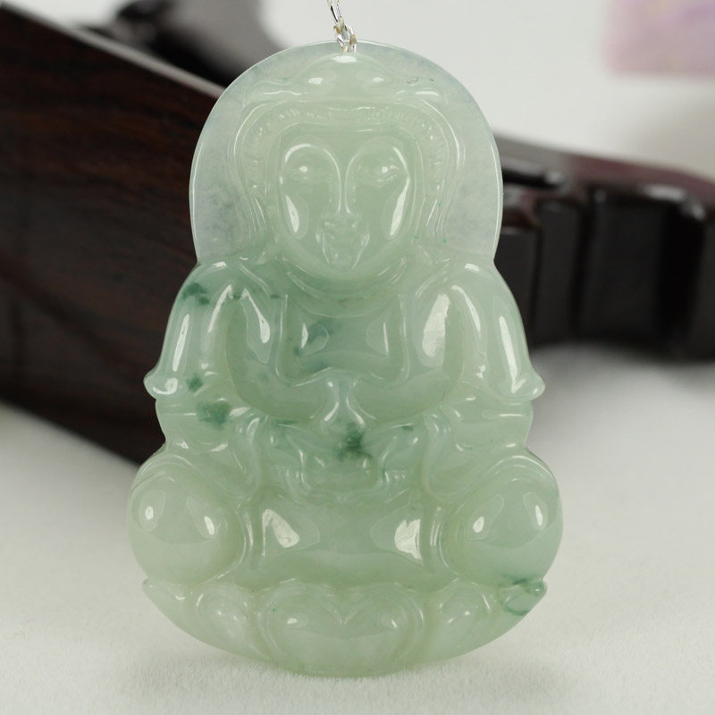 翡翠观音菩萨吊坠 天然A货冰糯种飘蓝花老坑玉石吊坠男挂件带证书