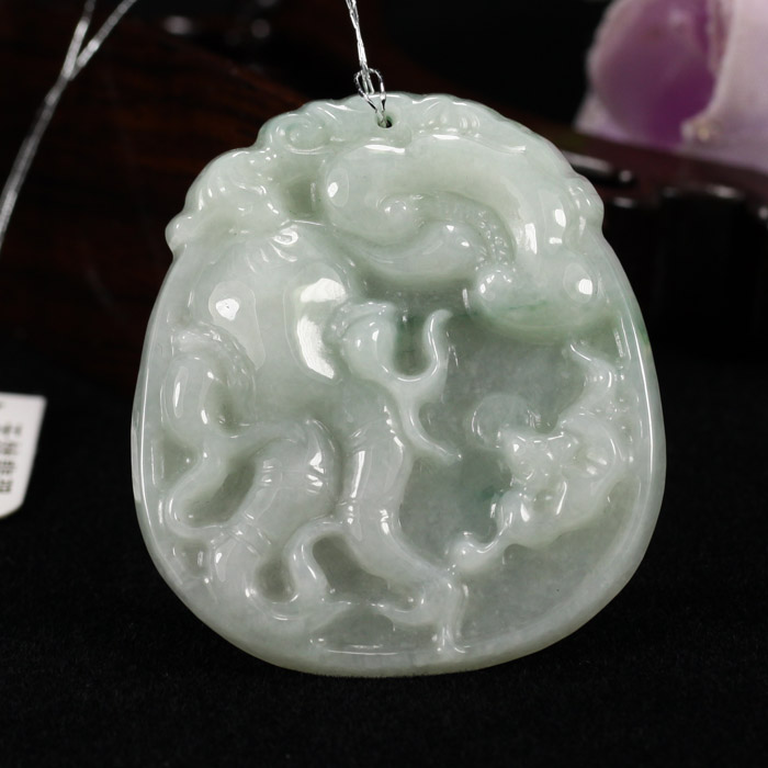正品A货天然翡翠玉浅绿飘蓝花 人参人生如意福到挂件吊坠牌子包邮