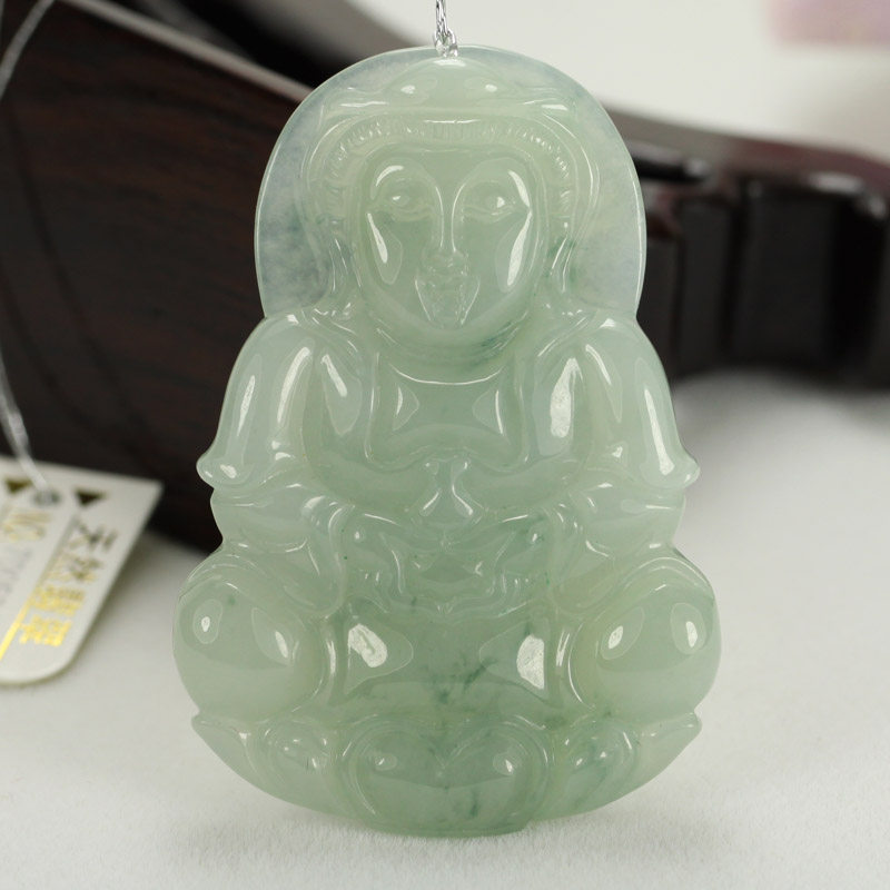 正品翡翠观音吊坠男款 浅绿色冰糯种天然A货老坑玉项坠挂件带证书