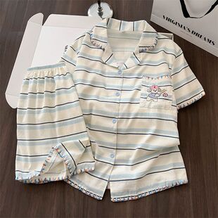 条纹卡通可爱甜美宽松家居服套装 短裤 可外穿 睡衣小清新女短袖 夏季