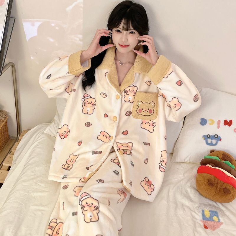 加厚法兰绒睡衣女卡通小熊家居服