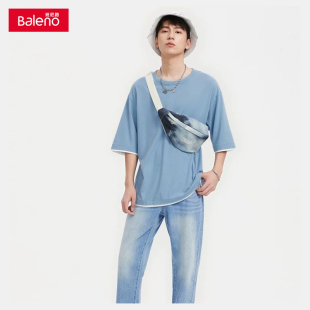 t恤纯棉假两件宽松撞色上衣青年 短袖 班尼路男装 8822101M022 包邮