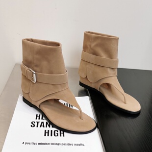 皮带扣短靴平底百搭时装 韩版 新款 2026夏季 靴 夹趾坡跟凉靴显高女鞋