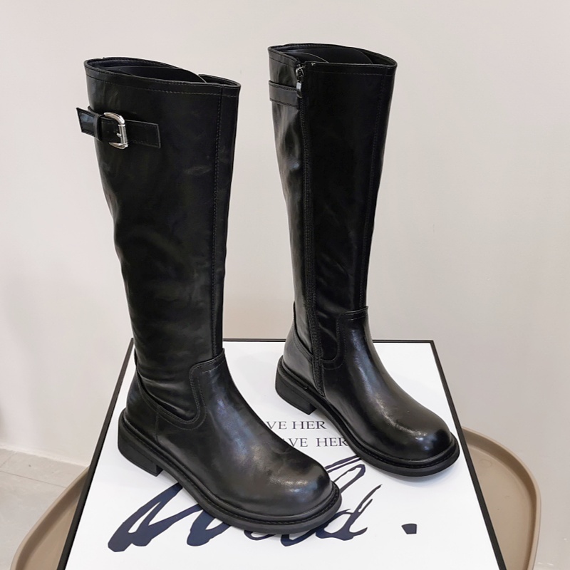 韩版时装靴厚底平口皮带扣长筒靴