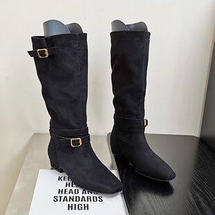 爆款皮带扣绒面骑士靴女2025年秋冬复古西部靴粗跟方头不过膝长靴