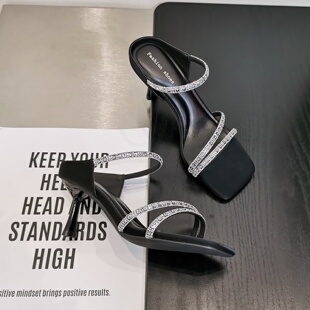 方头气质凉拖鞋 法式 高跟7CM时尚 新款 轻奢水钻一字拖女夏2026夏季