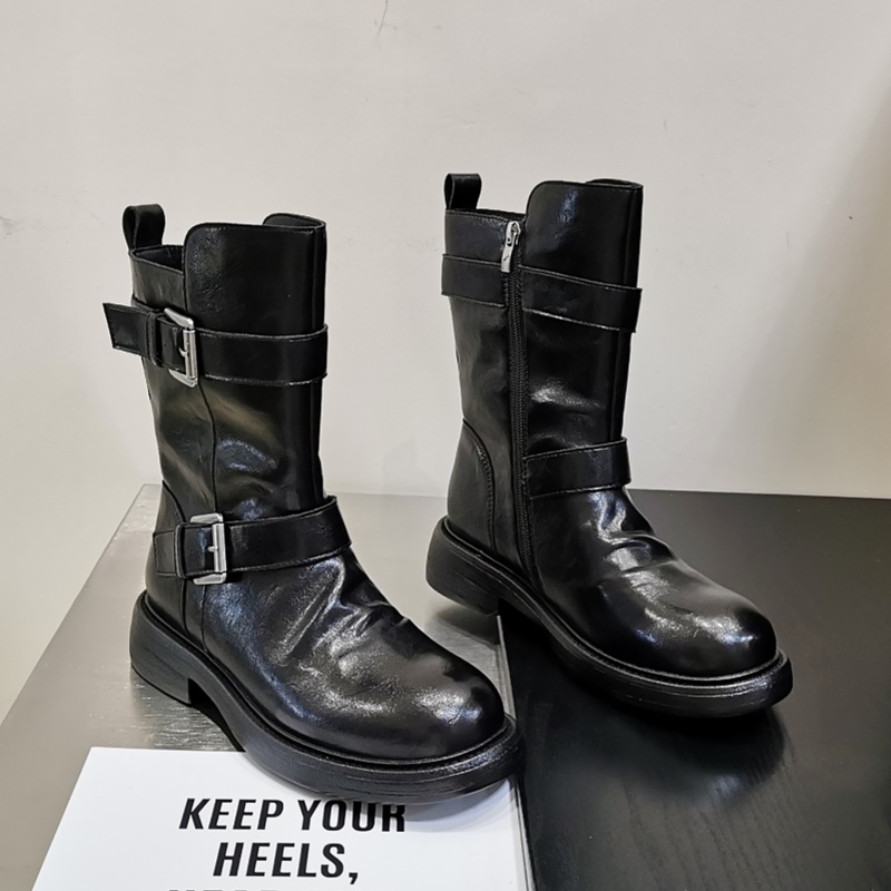 厚底双扣带骑士靴女2025秋新款复古时尚百搭侧拉链机车靴英伦短靴