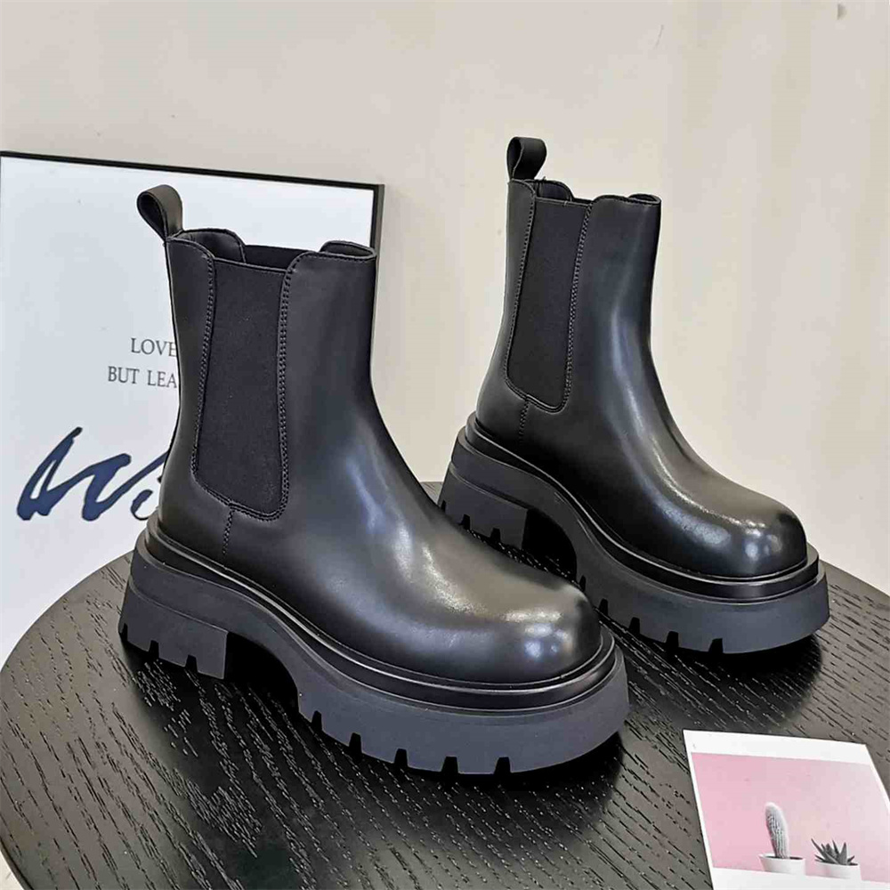 真皮厚底烟筒靴女小个子切尔西靴