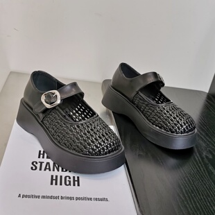 厚底一字扣浅口百搭透气穆勒鞋 复古编织圆头玛丽珍鞋 2026春夏新款