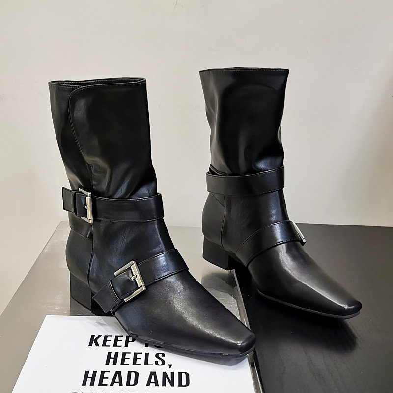 法式皮带扣粗跟方头短靴骑士靴女