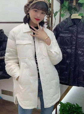 2025新款韩版轻薄中长款羽绒服女轻便白鸭绒衬衫领宽松显瘦时尚潮