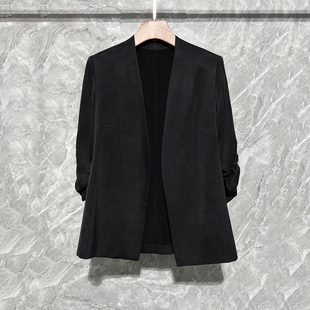 秋冬轻奢七分袖袈裟领无扣修身西服女铜氨丝褶皱袖外套西装高级感