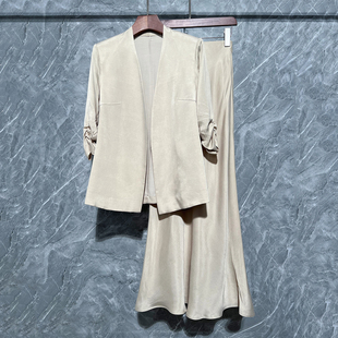 高端轻奢老钱风铜氨丝褶皱袖外套+半裙套装开衫高腰半身裙两件套