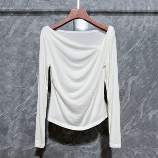 针织衫 不规则领口长袖 上衣 斜领显瘦设计感羊毛打底衫 秒变天鹅颈