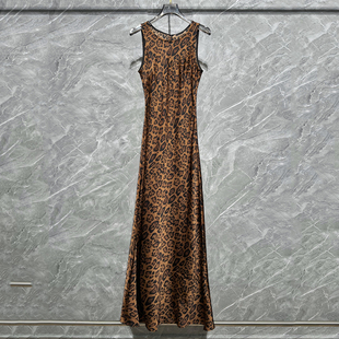 现货2025醋酸露肩背心长裙单面挖肩长裙法式复古斜裁豹纹连衣裙女