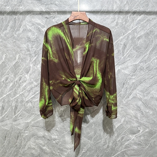 法式印花时尚弥散印花衬衫女夏季V领系带防晒服宽松减龄天丝上衣