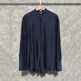 轻奢天丝醋酸衬衫女上衣立领套头长袖褶皱肌理感衬衣宽松防晒罩衫