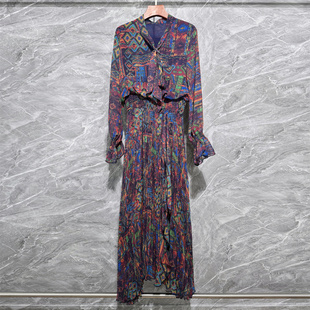 2026春夏新款欧美高端走秀款印花百褶连衣裙宴会长袖礼服裙中长款