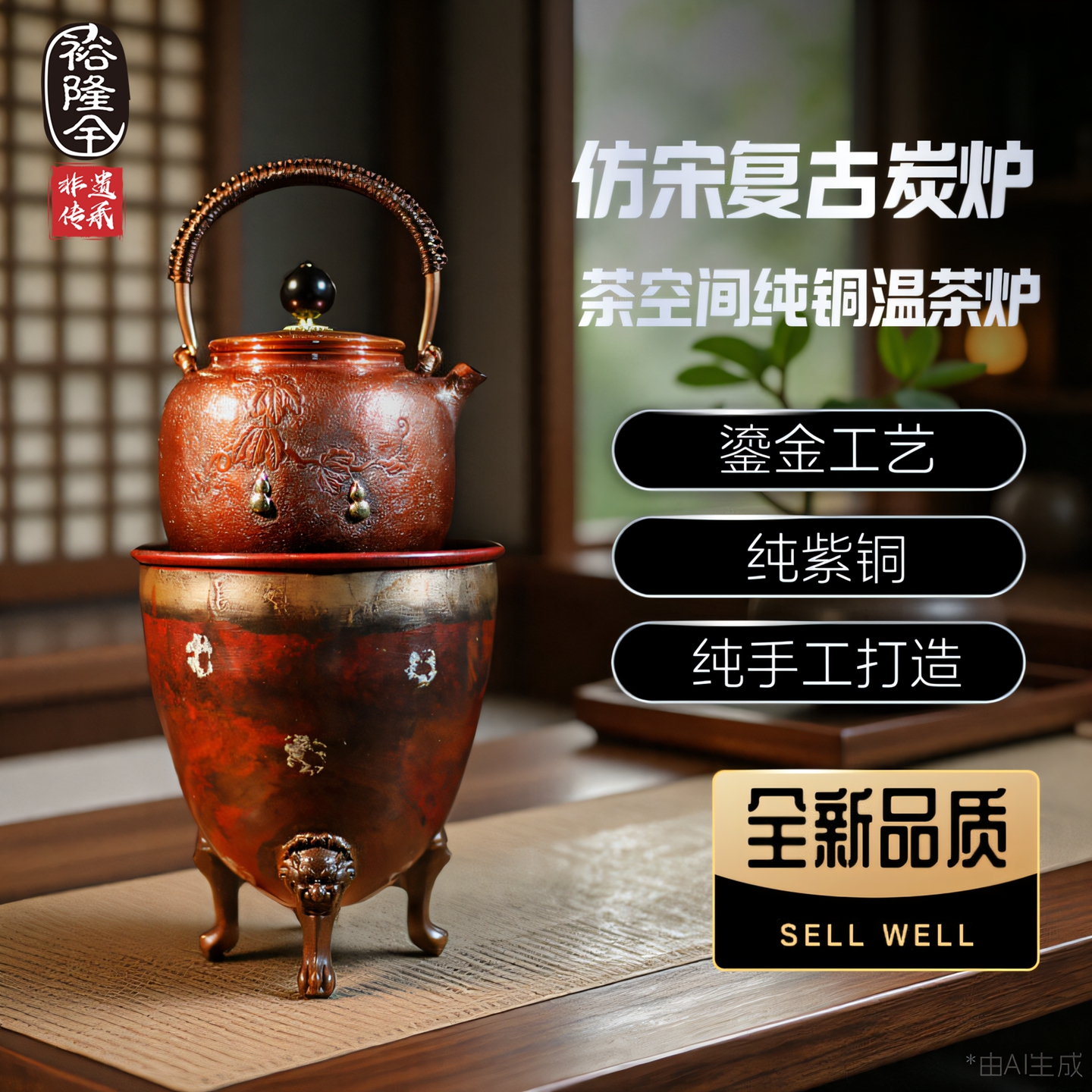裕隆全纯手工仿古鎏金温茶炉纯铜功夫茶器具茶道配件炭炉风炉火钵