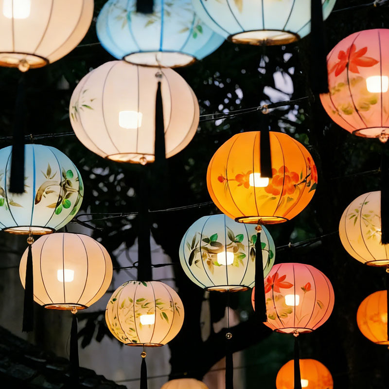 新中式弹力布手工绘画庭院走廊阳台别墅装饰器七彩色古典圆形灯笼