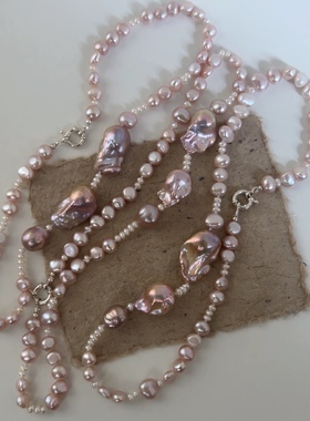 925银法式复古优雅气质款彩系金属光巴洛克珍珠串珠项链