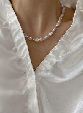 泰国手工纯银天然冷蓝光小石头碎银子珍珠复古港风轻奢百搭项链