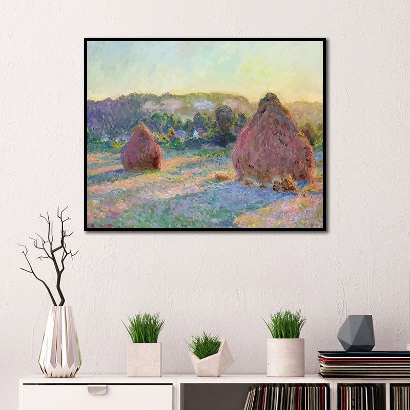 数字油画填色diy莫奈风景画草垛治愈手绘帆布画家居玄关装饰挂画