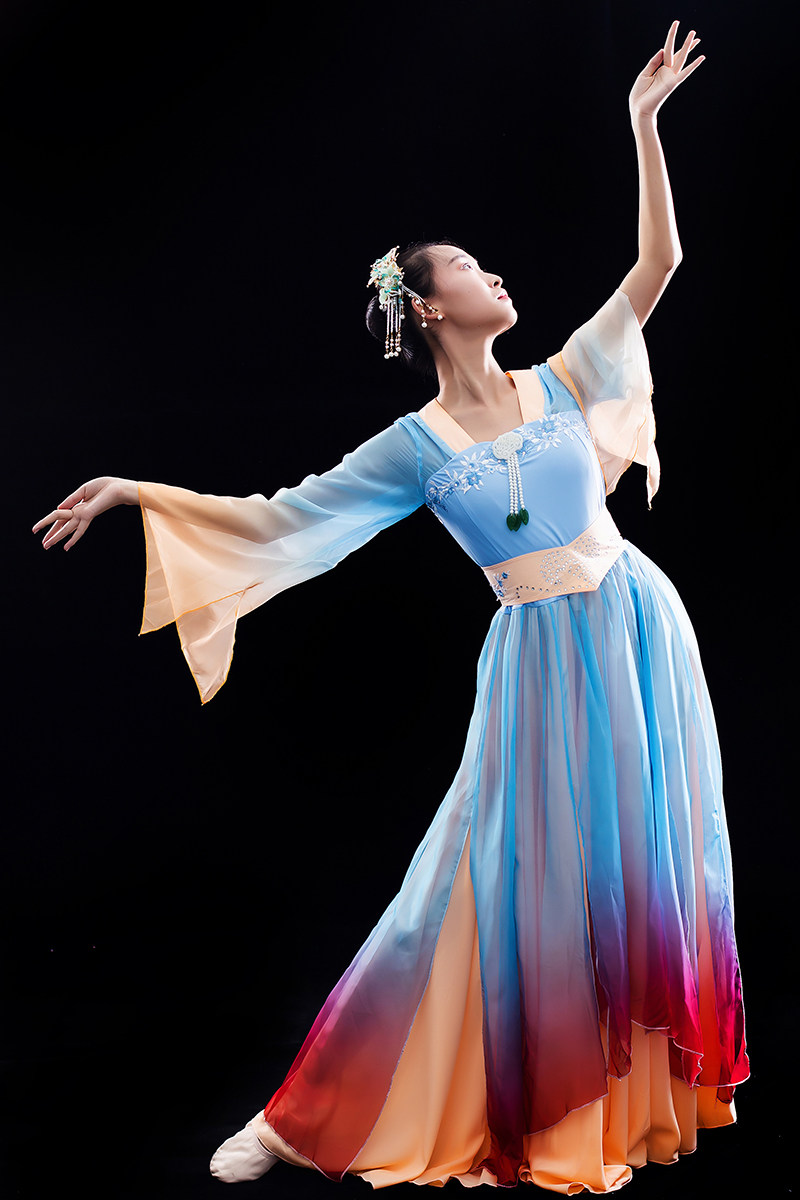 古典舞长款身韵纱衣喇叭袖连衣裙汉服唐仙气飘逸练功服女伞舞