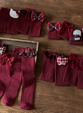 女宝宝新款红色袜子秋冬季中筒袜女童卡通圣诞节堆堆袜儿童无跟袜