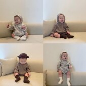 韩国ins春秋哈衣三角婴儿外出连帽宽松连体衣宝宝长袖 包屁衣秋装