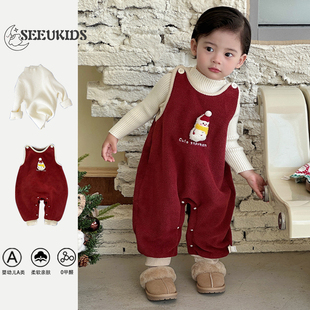 2025冬季新品男宝韩版洋气加绒可爱玩偶背带裤婴幼儿毛衣打底套装