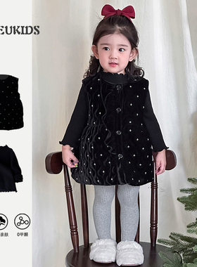 韩版女童黑色波点加绒背心裙秋冬黑色加绒打底衫女宝宝小香风套装