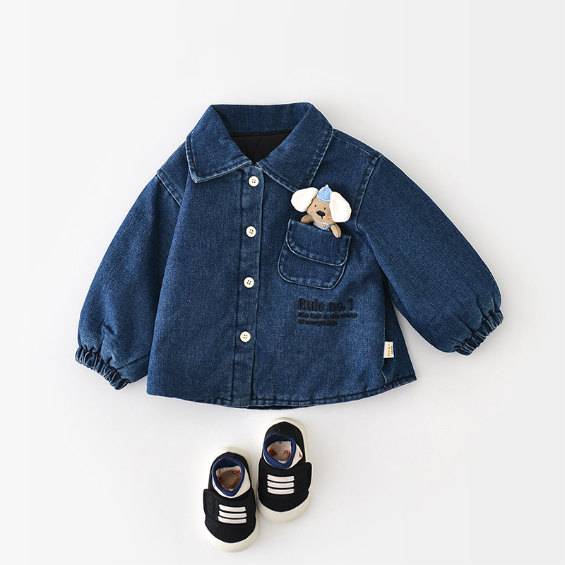 2025秋冬新款儿童牛仔衬衫男宝宝刺绣加厚长袖洋气衬衣外套